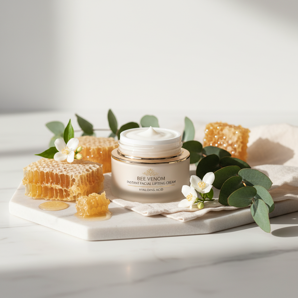 Bee Venom Instant Facial Lifting Cream lifestyle flat lay on marble with honeycomb, white flowers and green leaves
