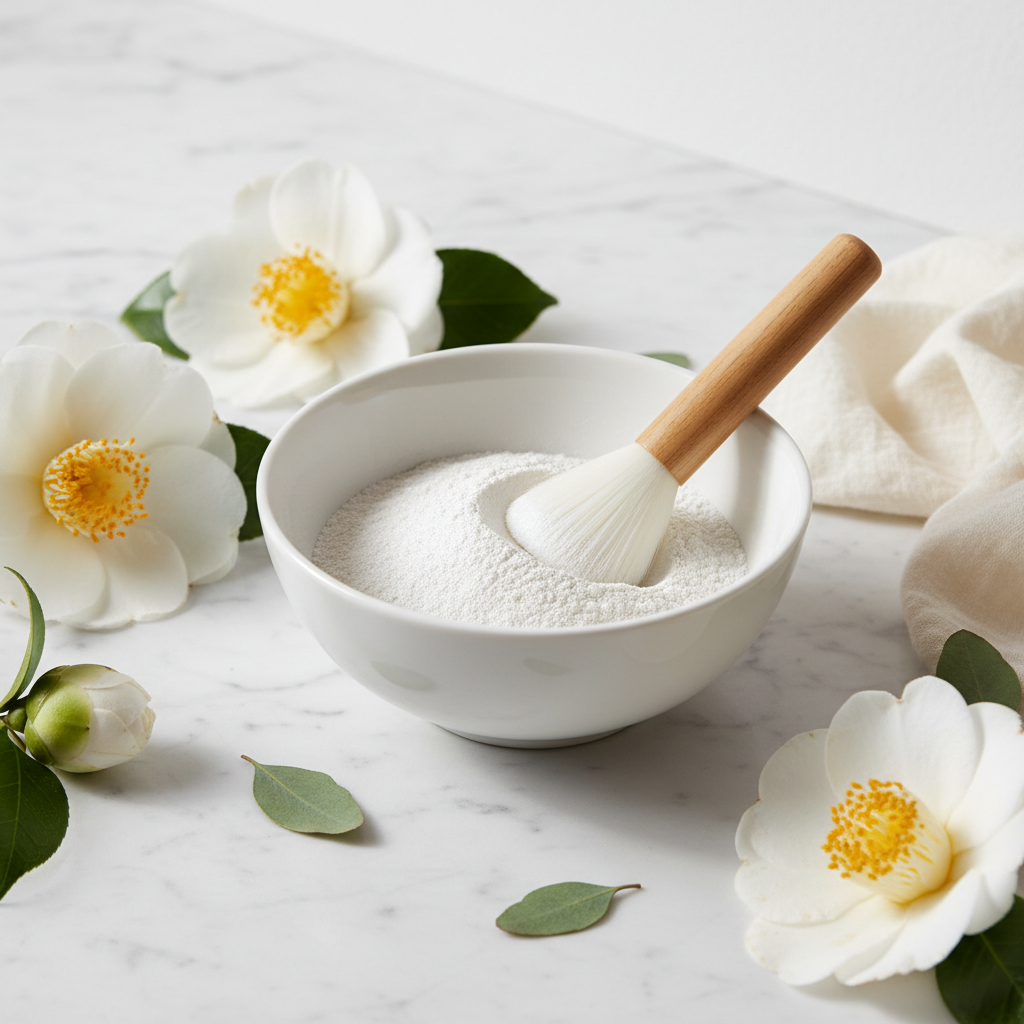 Collagen Wrapping Mask and Brush Set lifestyle flat lay on marble with white flowers and botanical leaves