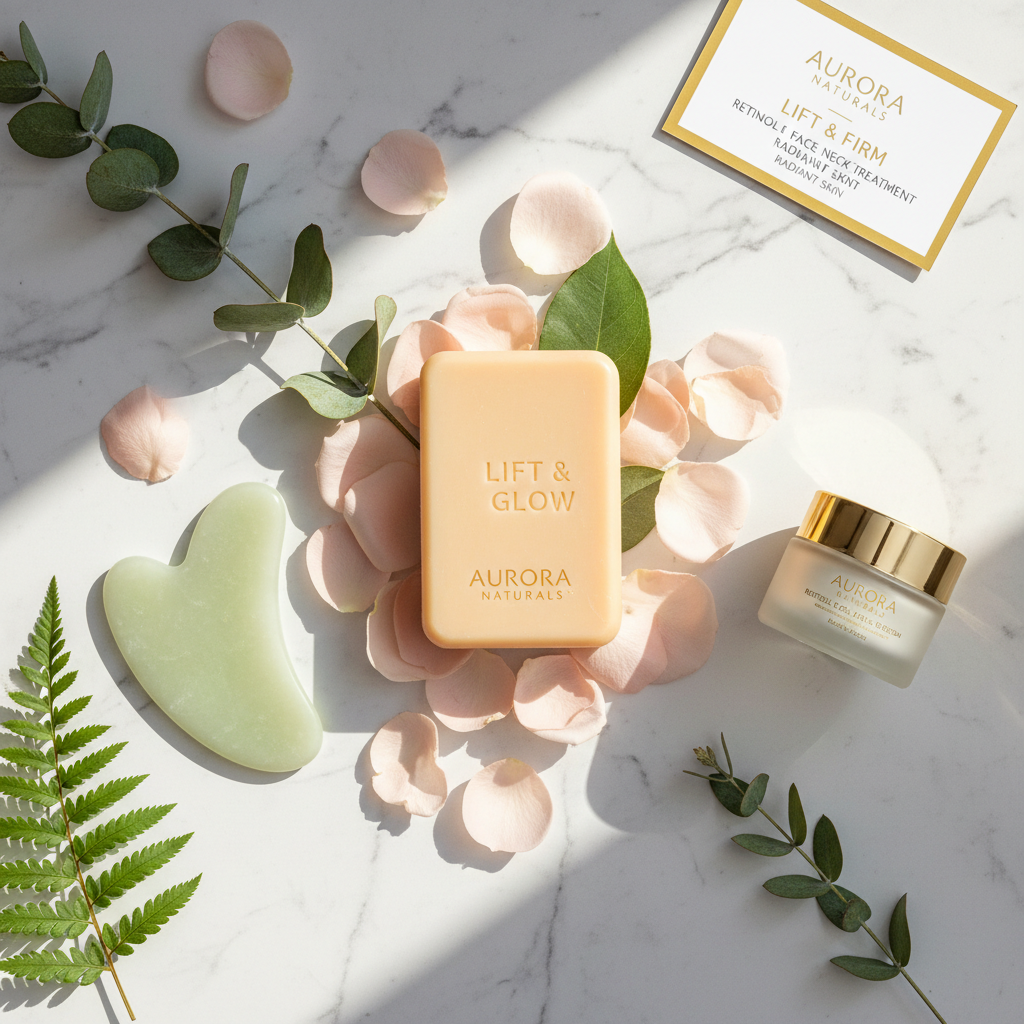 Retinol Face and Neck Firming Treatment Bar lifestyle flat lay on marble with rose petals and jade gua sha tool