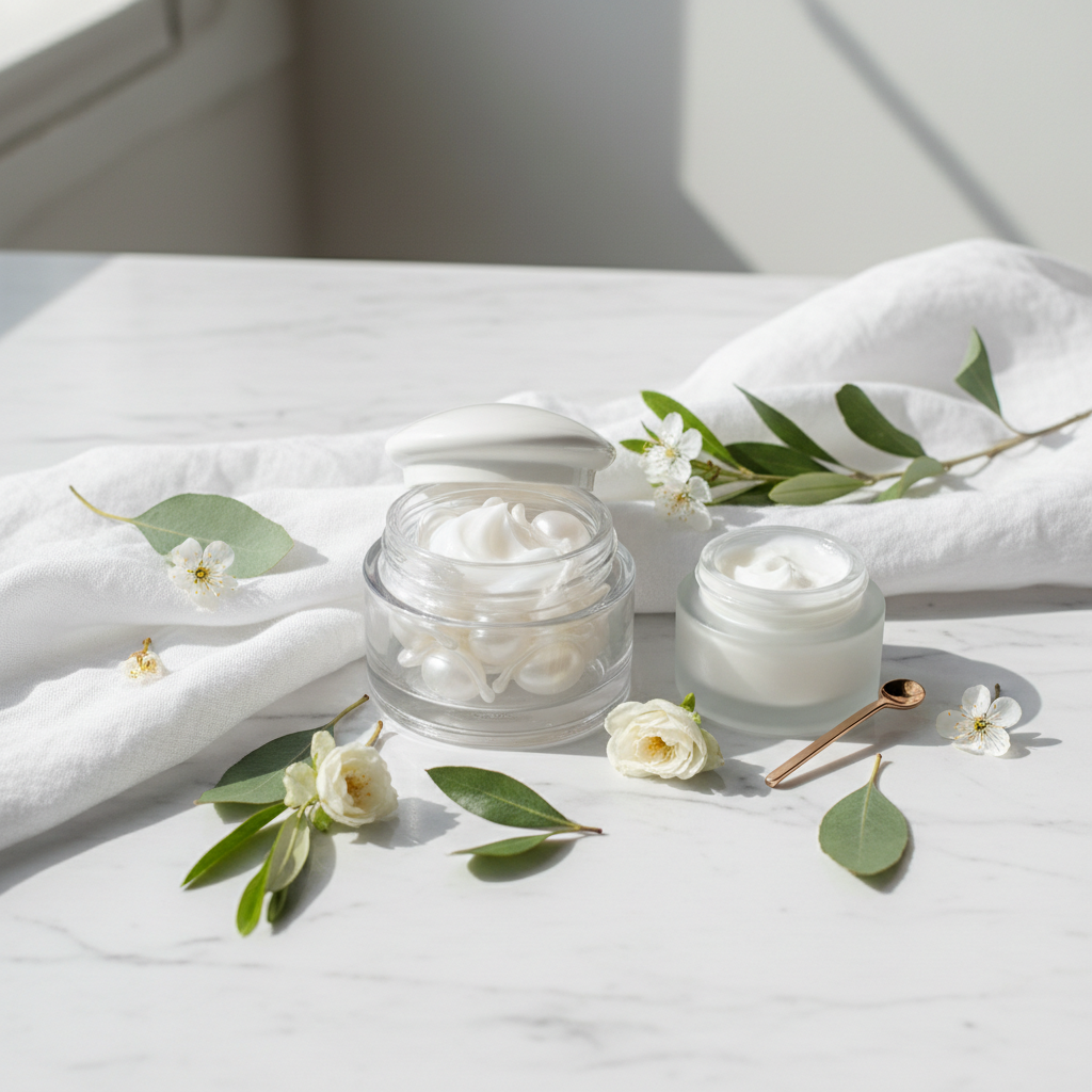 Face Moisturiser Capsule Cream with PDRN and Peptides lifestyle flat lay on marble with botanical leaves and white flowers