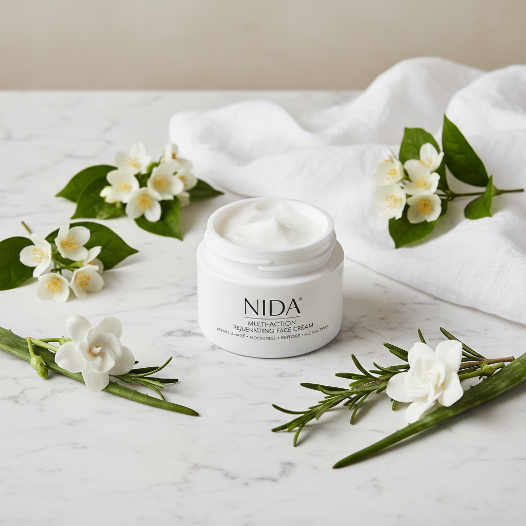 NIDA Multi-Action Rejuvenating Face Cream lifestyle flat lay on marble with botanical extracts and white flowers
