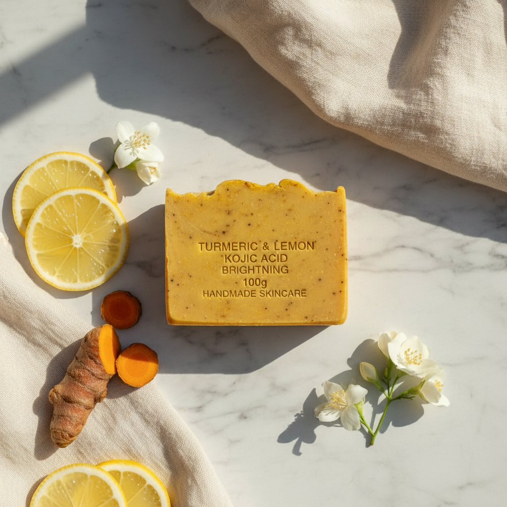 Turmeric and Lemon Kojic Acid Brightening Handmade Soap Bar lifestyle flat lay on marble with turmeric root and lemon slices
