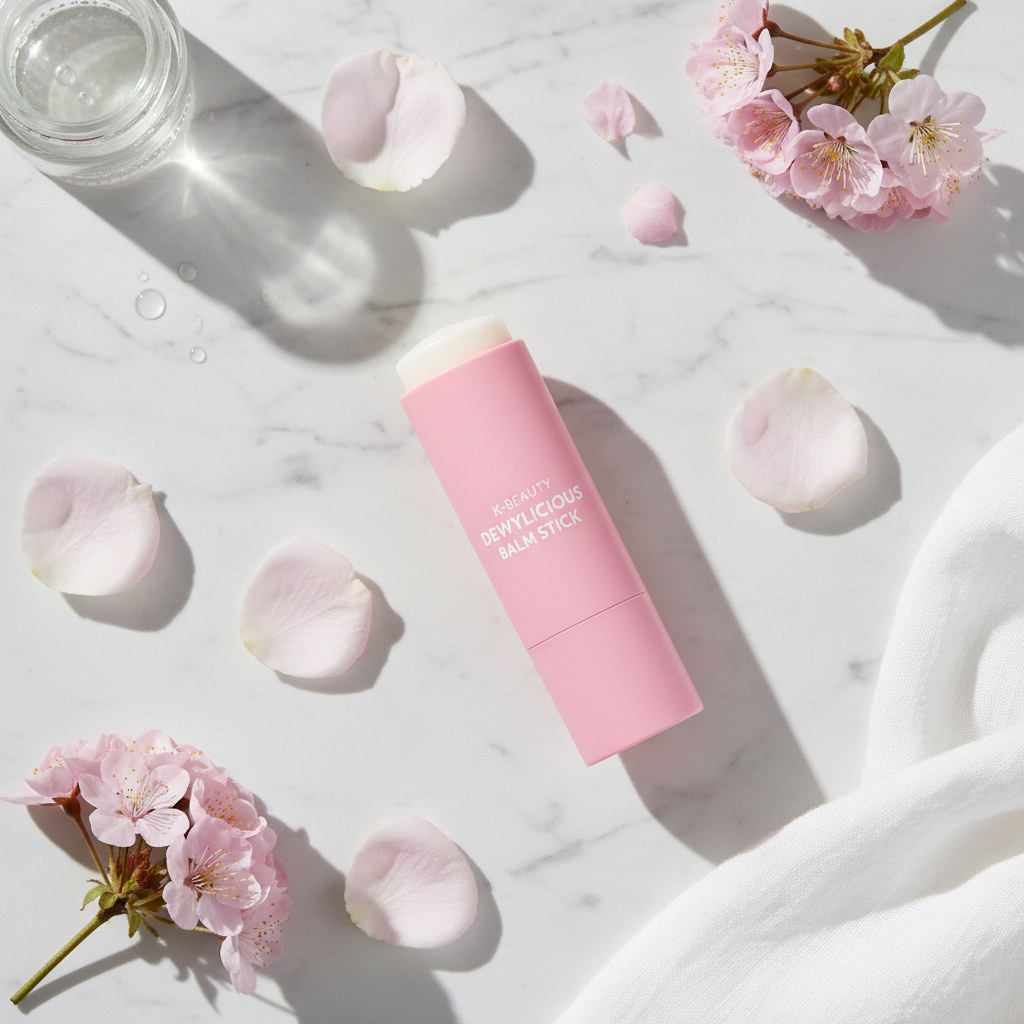 Korean Pink Hydrating Balm Stick lifestyle flat lay on marble with pink rose petals and soft pink flowers
