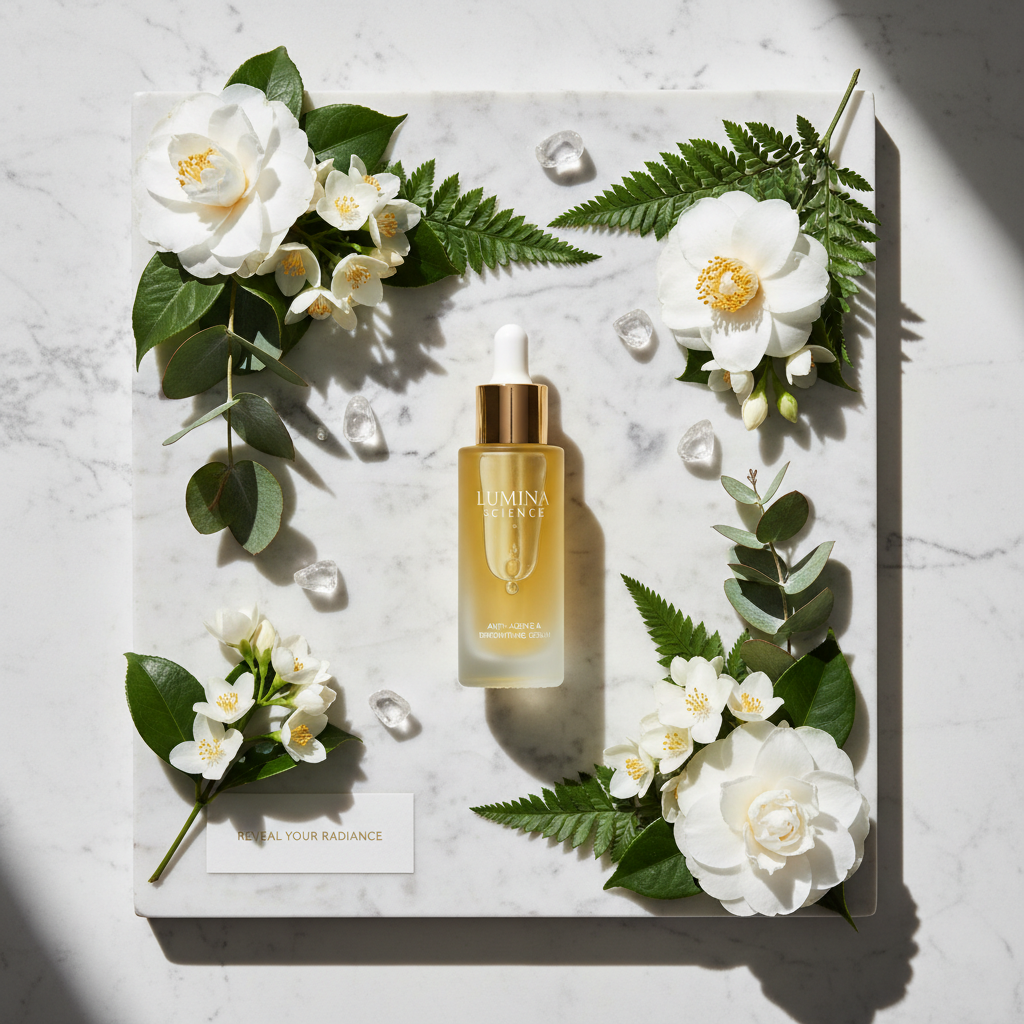 Polypeptide Anti-Wrinkle Face Serum lifestyle flat lay on marble with white flowers and botanical leaves