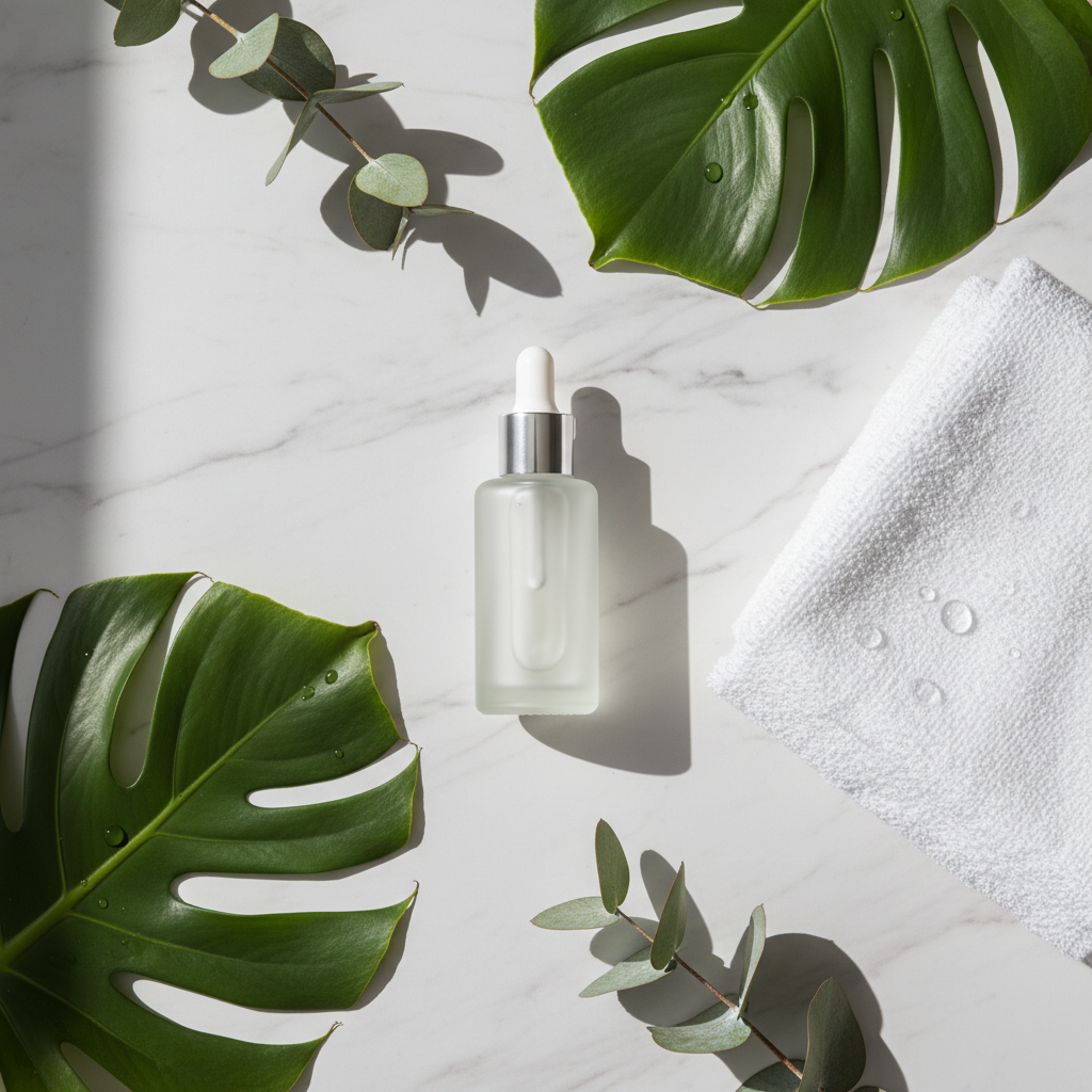 Peptide Essence For Face lifestyle flat lay on marble with green leaves