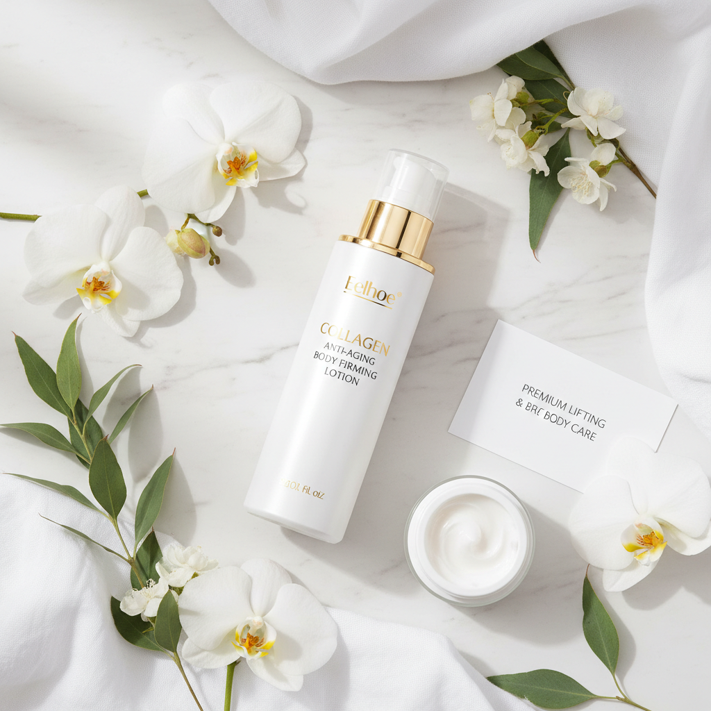 EELHOE Collagen Anti-Aging Body Firming Lotion lifestyle flat lay on marble with white flowers and botanical leaves