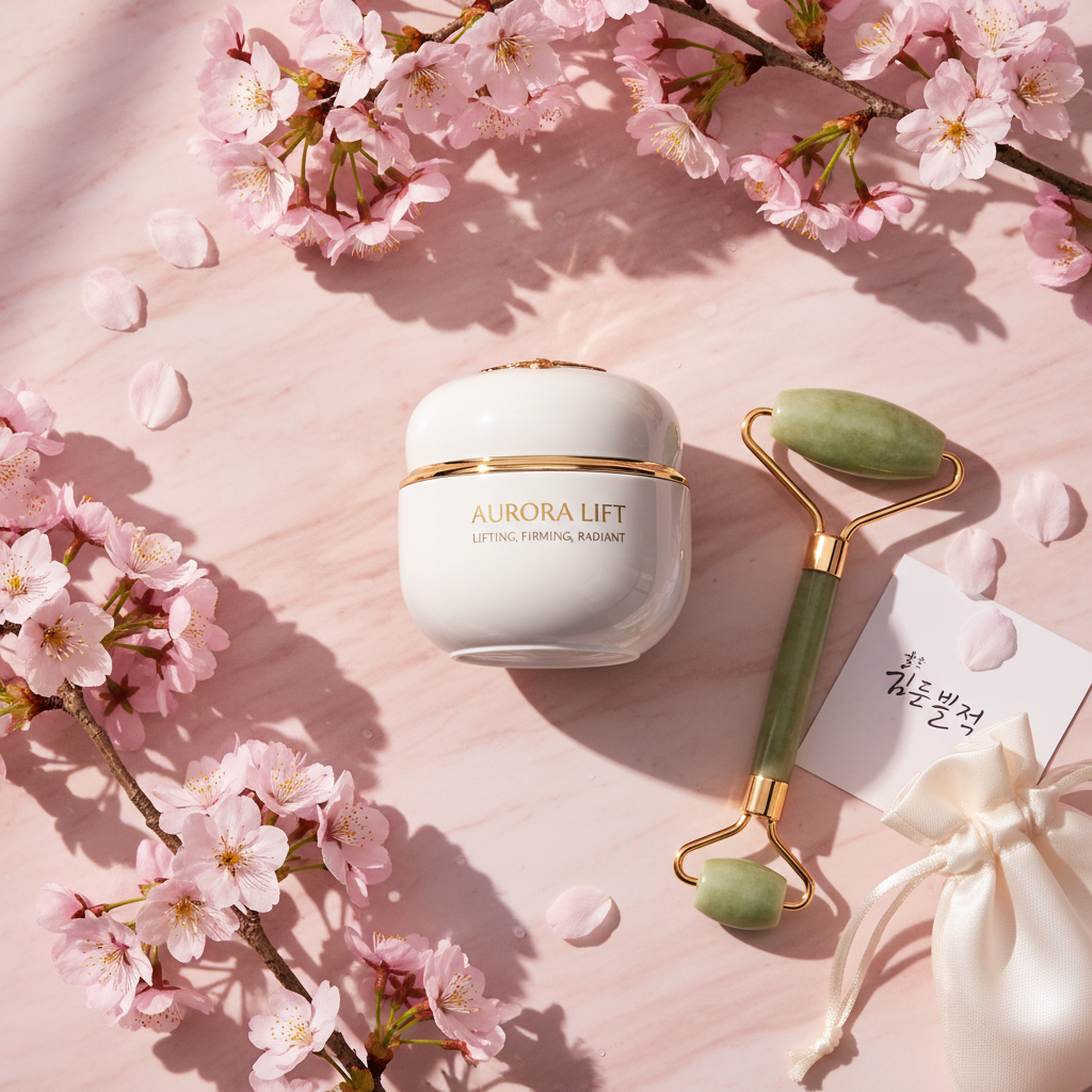 Korean Anti-Wrinkle Collagen Boost Cream lifestyle flat lay on pink marble with cherry blossoms and jade roller