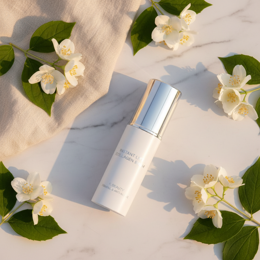 Instant Wrinkle Removal Collagen Balm Stick lifestyle flat lay on marble with white jasmine flowers and green leaves