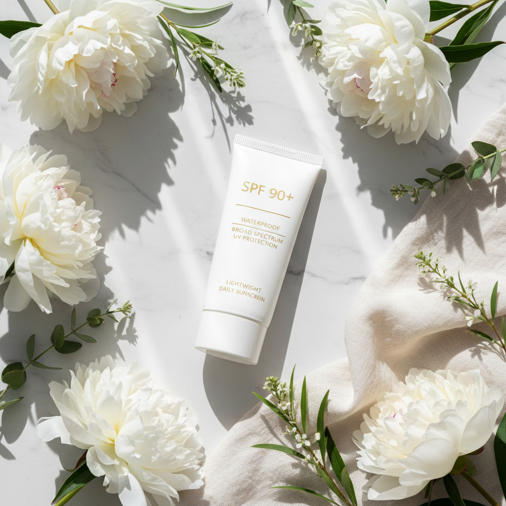 SPF 90+ Waterproof Facial Sunscreen lifestyle flat lay on marble with white flowers and green leaves