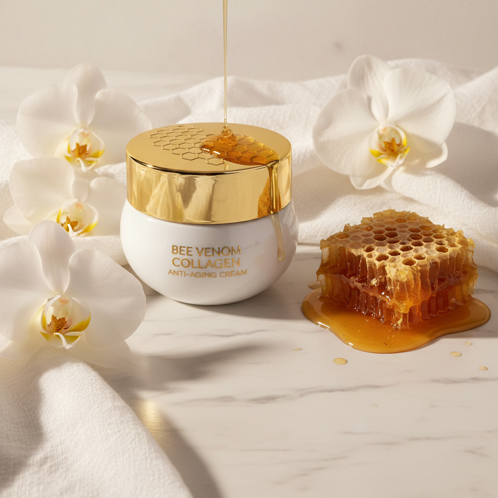SUYARUN Bee Venom Collagen Face Cream lifestyle flat lay on marble with honeycomb and white orchid flowers