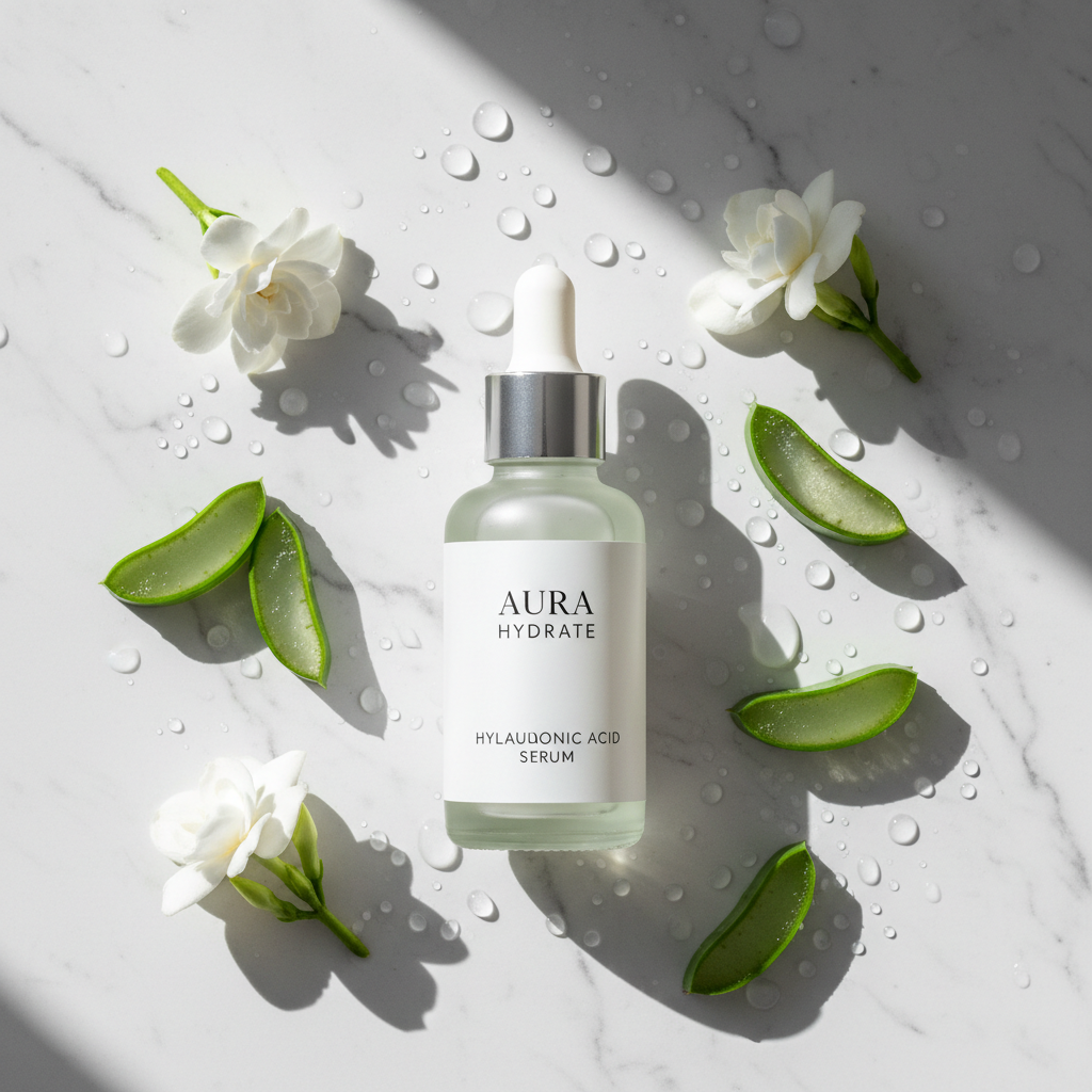 Hyaluronic Acid Anti-Aging Face Serum lifestyle flat lay on marble with aloe vera and white flowers