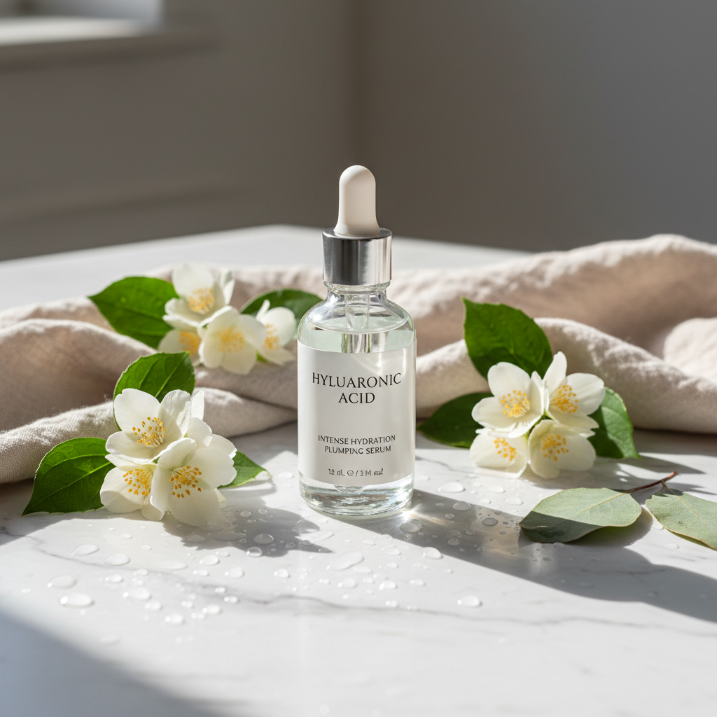 Hyaluronic Acid Anti-Aging Face Serum lifestyle flat lay on marble with water droplets, white flowers and green leaves