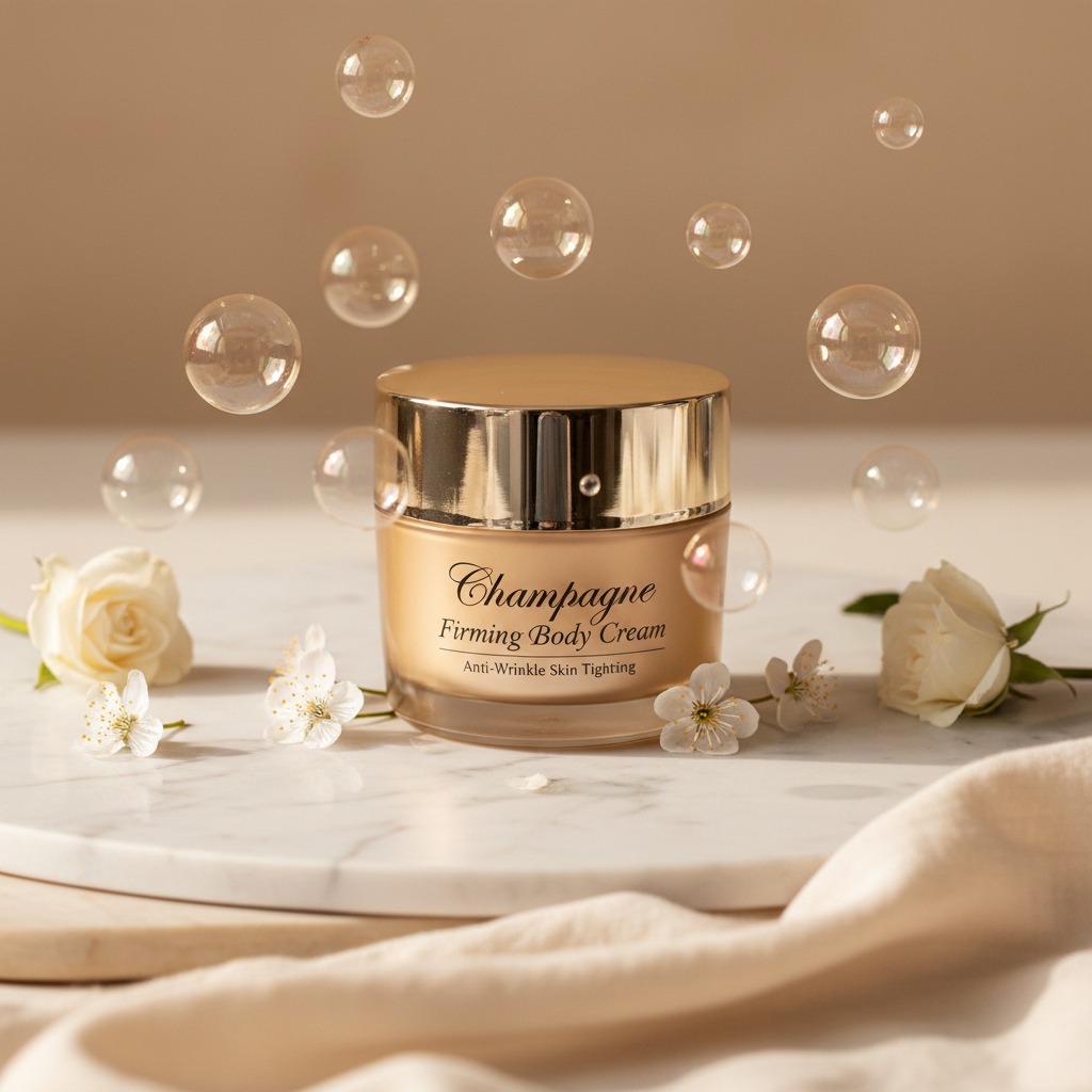 Champagne Firming Body Cream lifestyle flat lay on marble with white flowers and champagne bubbles