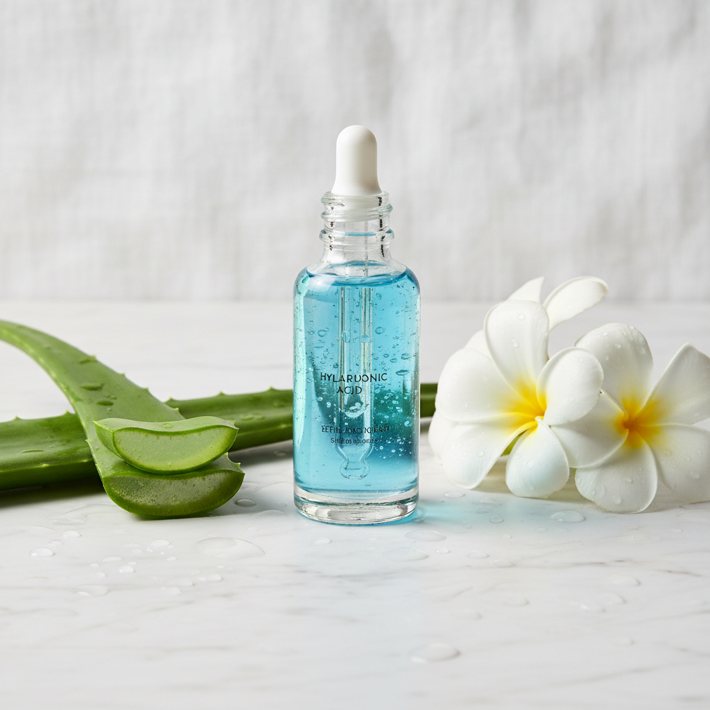 Hyaluronic Acid Anti-Aging Face Serum lifestyle flat lay on marble with water droplets and aloe vera leaves