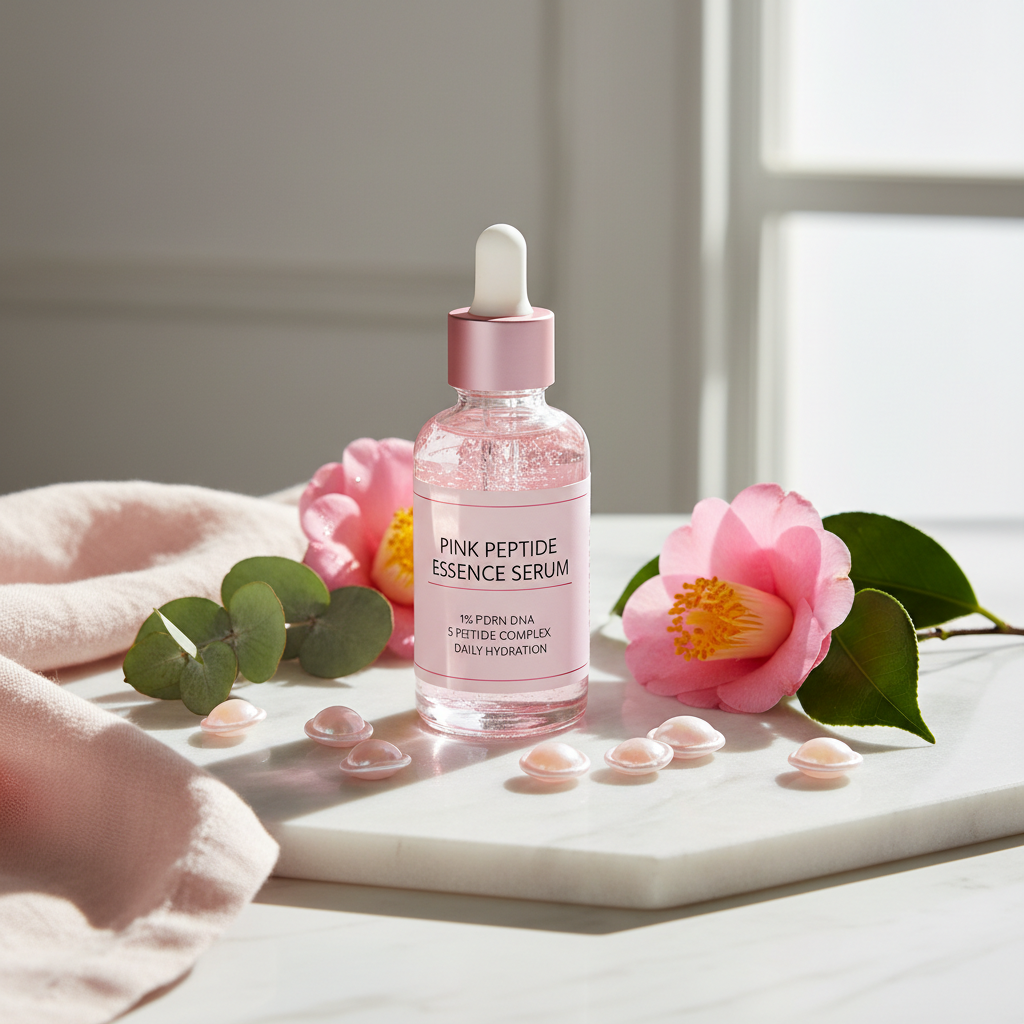 Pink Peptide Essence Serum lifestyle flat lay on marble with pink flowers and peptide capsules