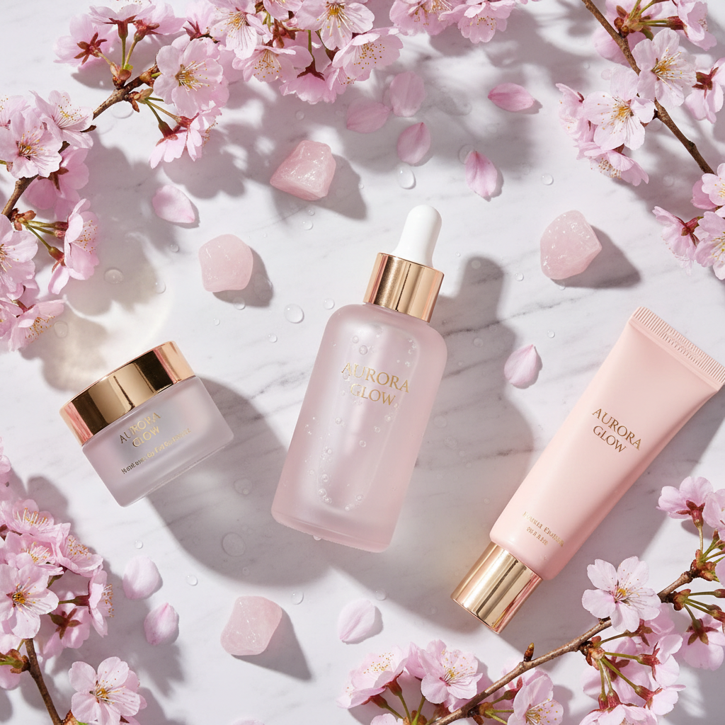 Salmon DNA PDRN Pink Peptide Glow Serum lifestyle flat lay on marble with cherry blossoms and rose quartz crystals