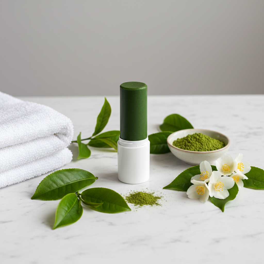Green Tea Deep Cleansing Stick Mask lifestyle flat lay on marble with green tea leaves and matcha powder