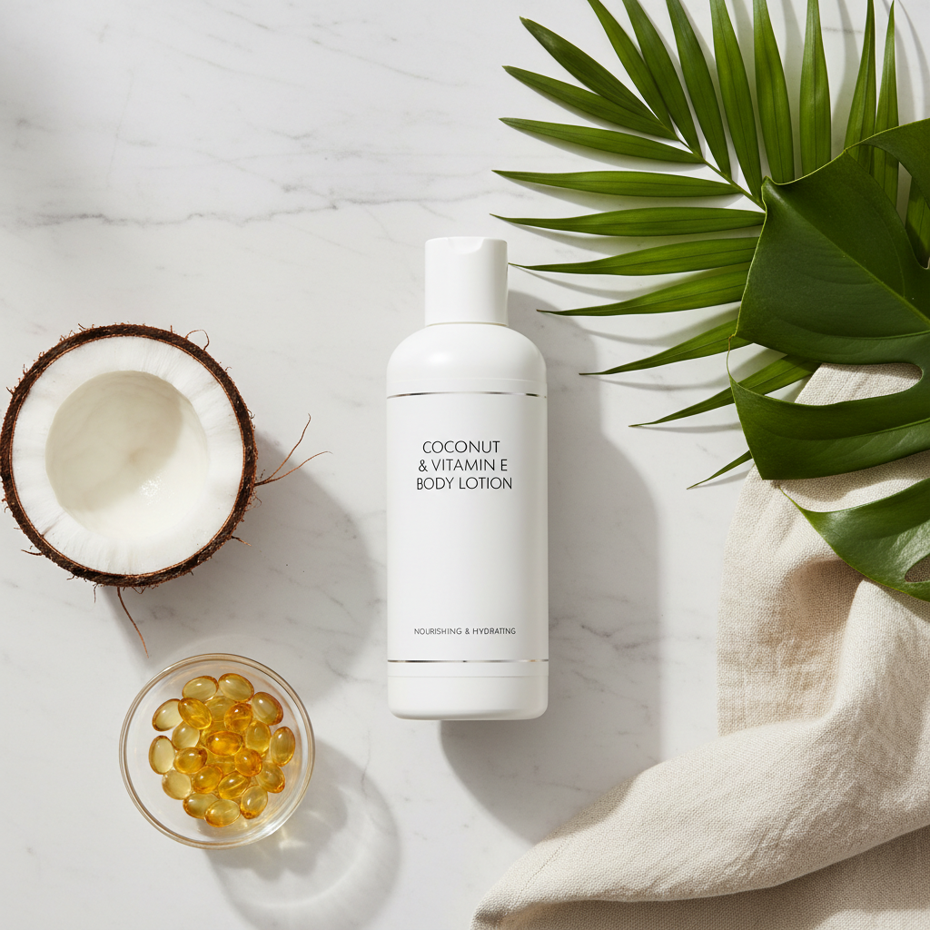 Coconut and Vitamin E Body Lotion lifestyle flat lay on marble with coconut halves and tropical leaves