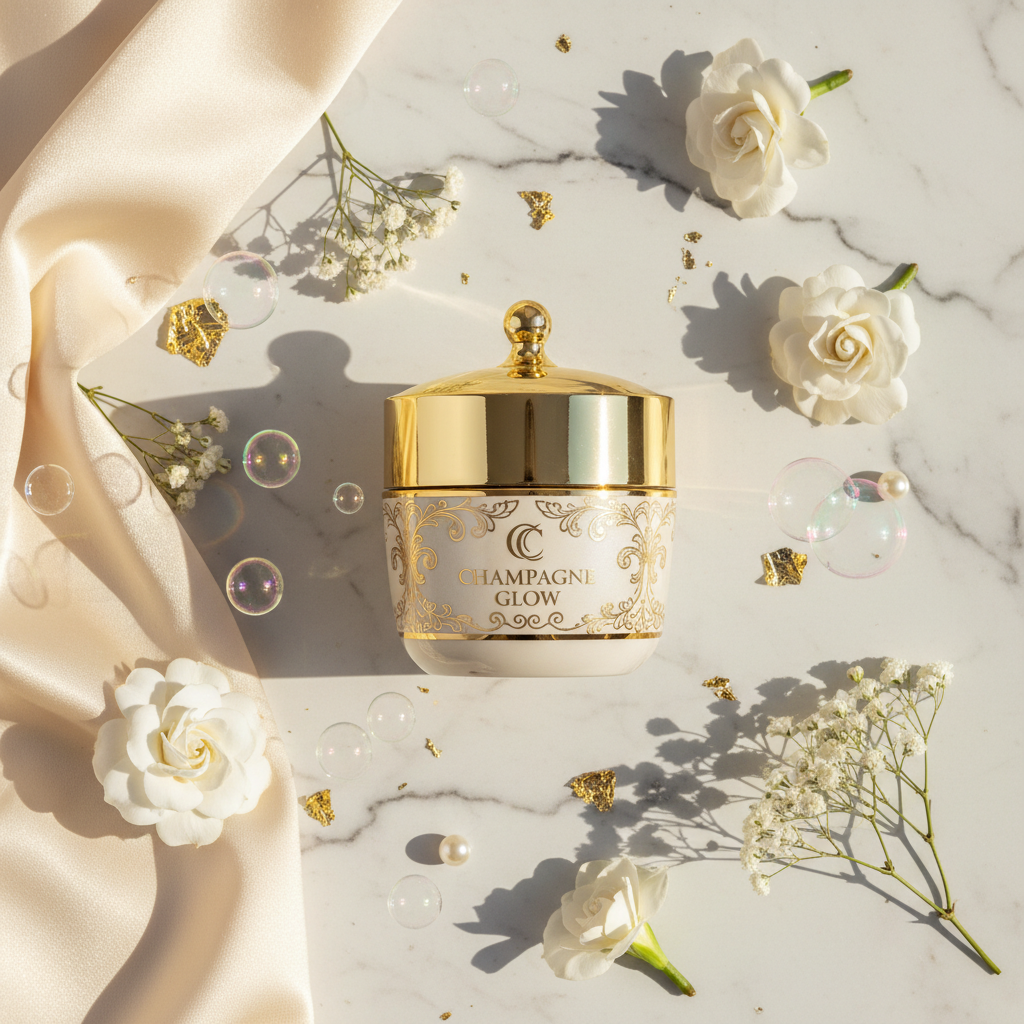 Champagne Firming Body Cream lifestyle flat lay on marble with gold leaf accents and white flowers