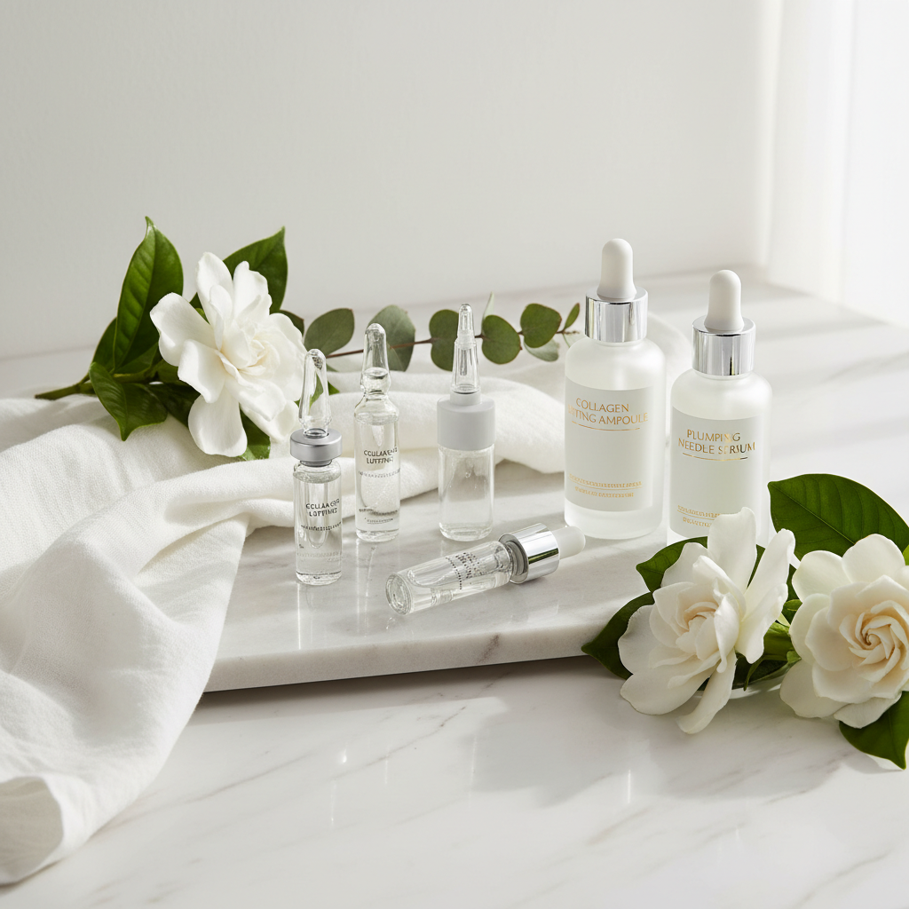 Collagen Ampoule Needle Serum Set lifestyle flat lay on marble with white flowers and green leaves