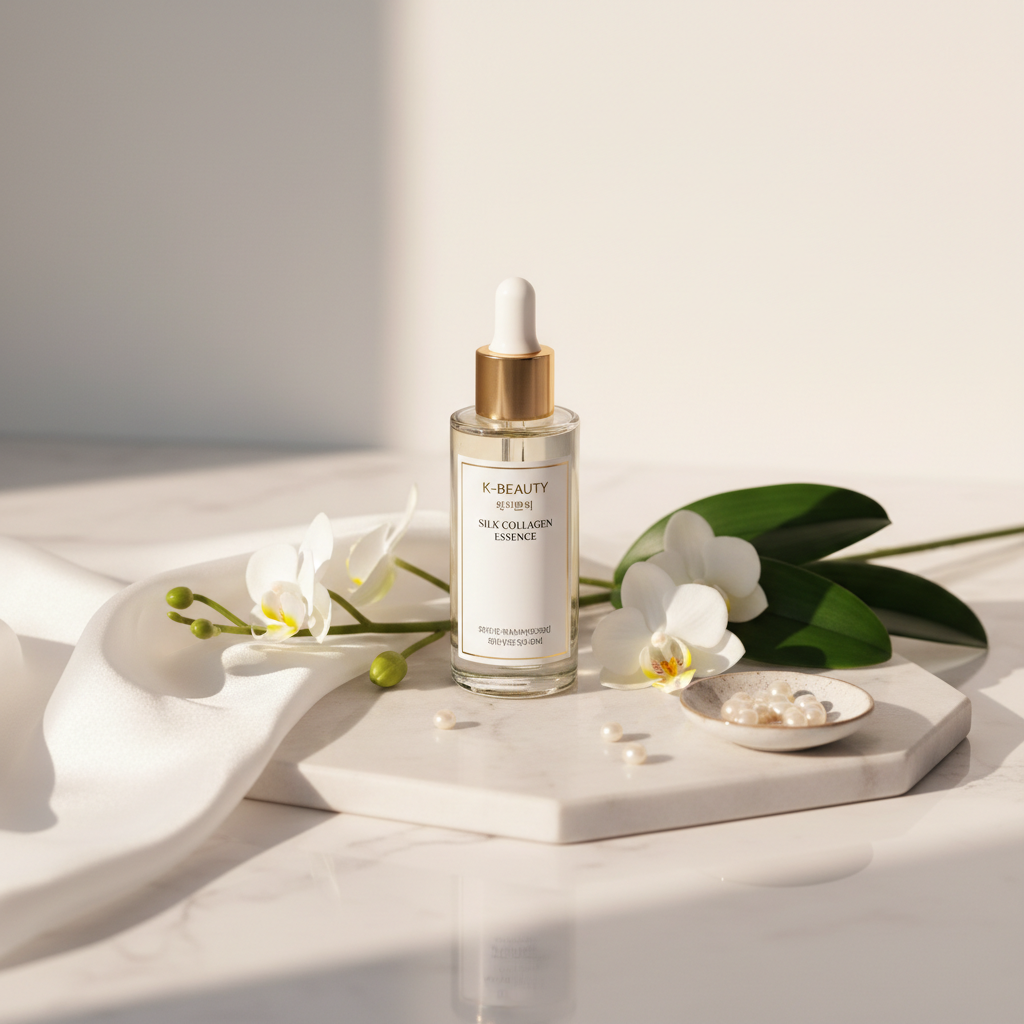 Korean Silk Collagen Essence Serum lifestyle flat lay on marble with silk fabric and white orchid flowers