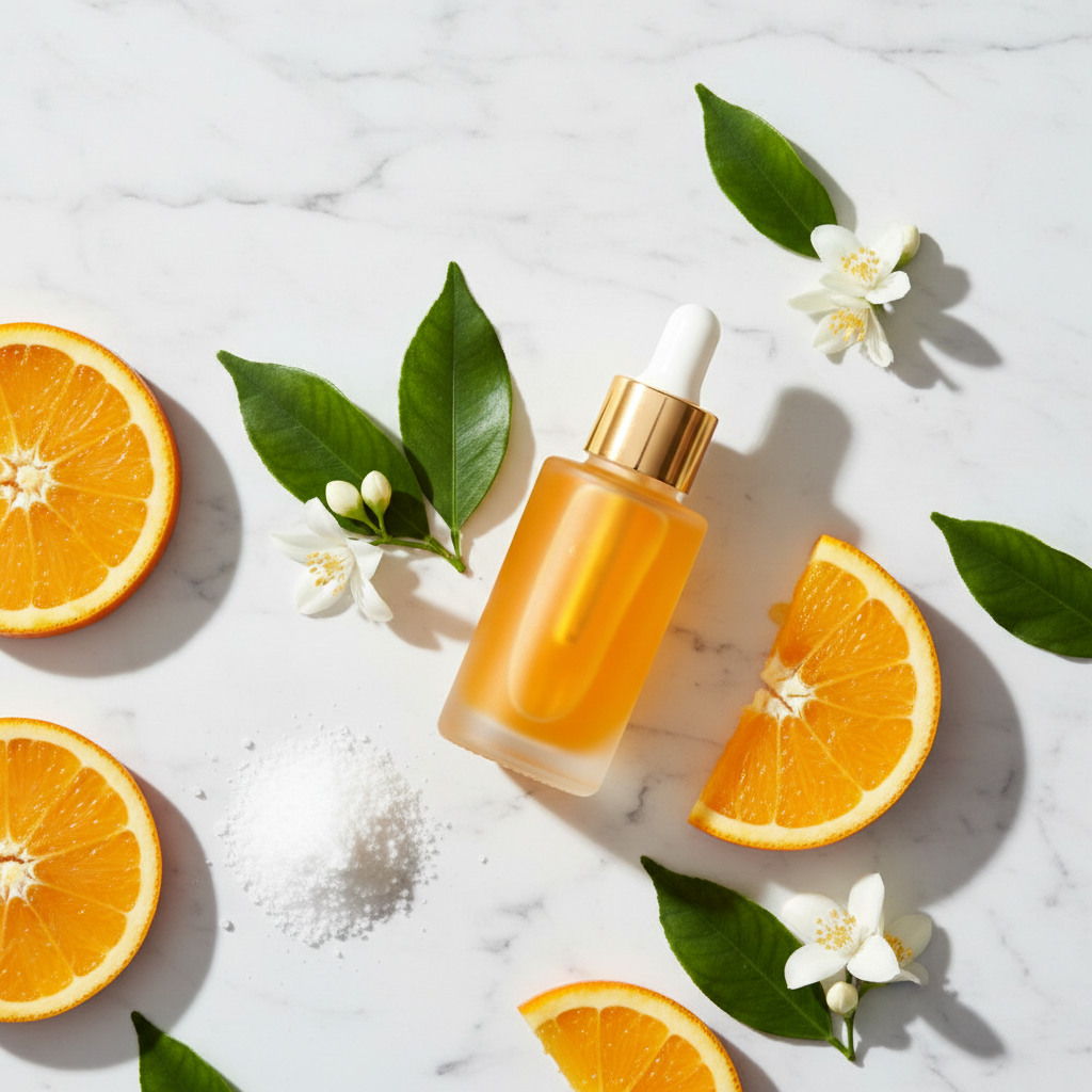 5-in-1 Vitamin C and Hyaluronic Acid Face Serum lifestyle flat lay on marble with orange slices and green leaves