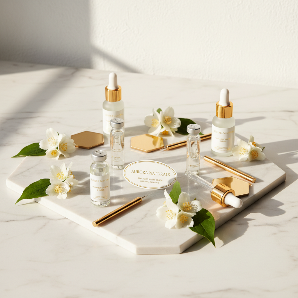 Collagen Ampoule Essence Liquid Set lifestyle flat lay with glass vials on marble and jasmine flowers