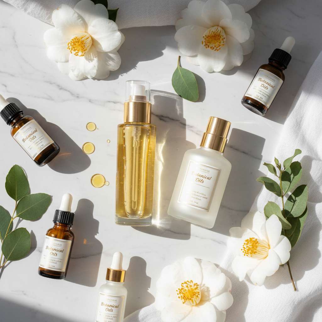 Body Glaze and Body Oil Combination lifestyle flat lay on marble with white flowers and botanical oils