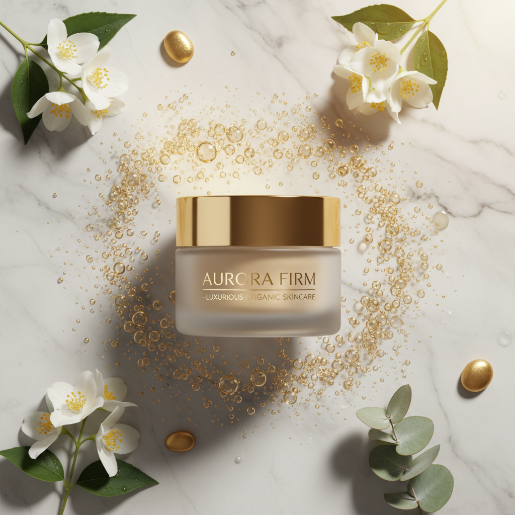 Champagne Firming Body Cream lifestyle flat lay on marble with gold bubbles, white flowers and eucalyptus