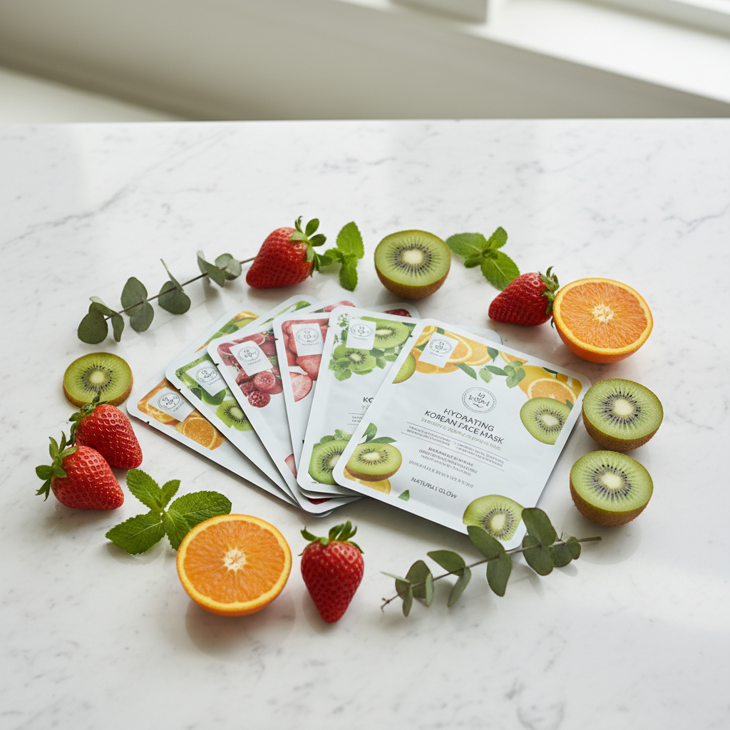 30pcs Fresh Fruits Facial Sheet Masks lifestyle flat lay on marble with fresh strawberries, kiwi and orange slices