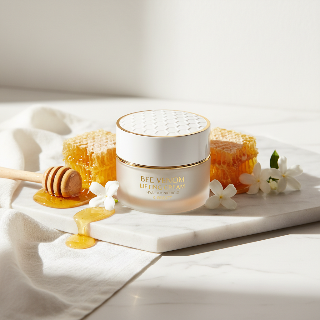 Bee Venom Instant Facial Lifting Cream lifestyle flat lay on marble with honeycomb, white flowers and honey drizzle