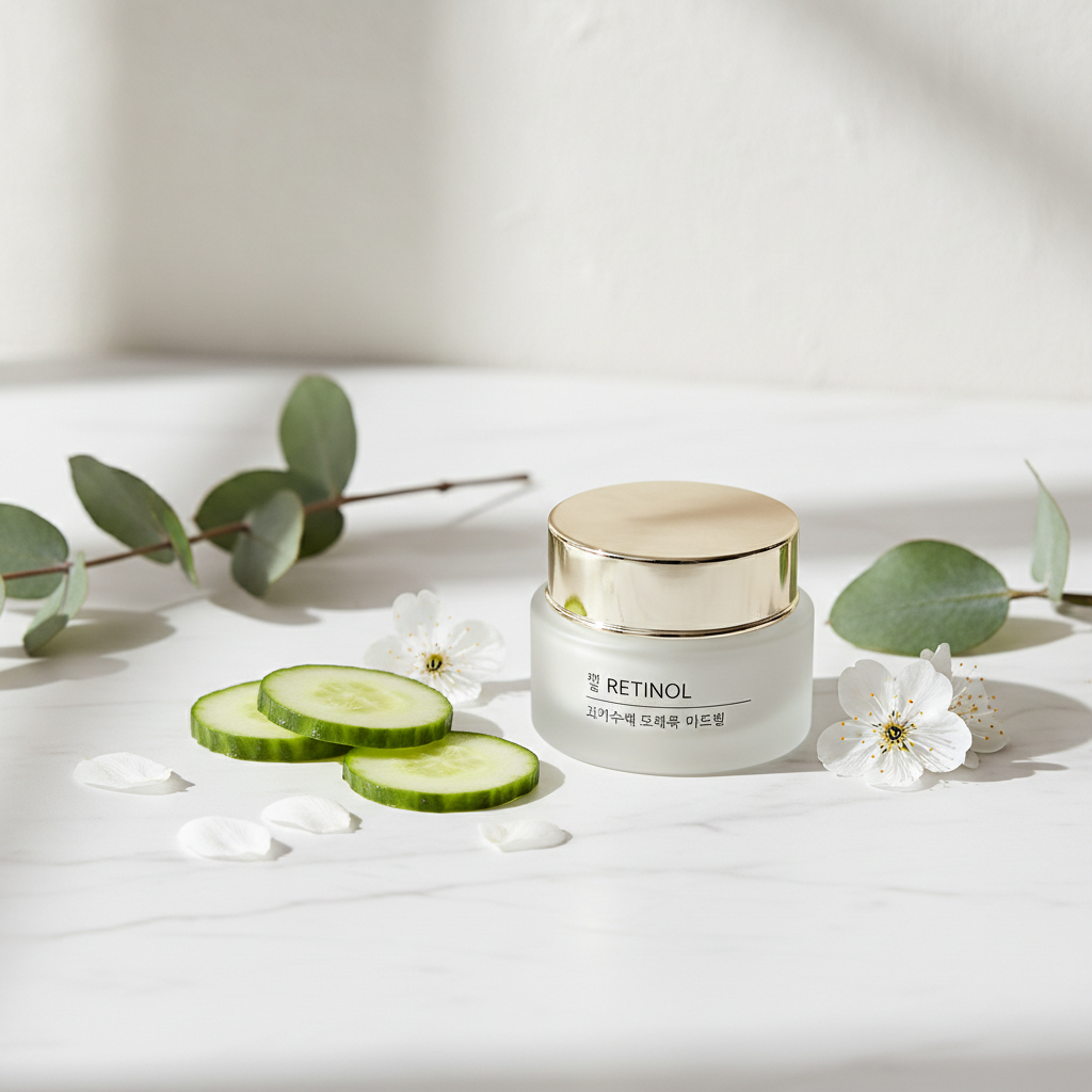 Korean Retinol Eye Cream lifestyle flat lay on marble with cucumber slices and white flowers