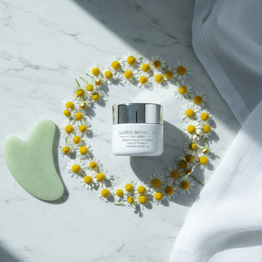 Peptide Collagen Eye Cream lifestyle flat lay on marble with chamomile flowers and jade gua sha tool