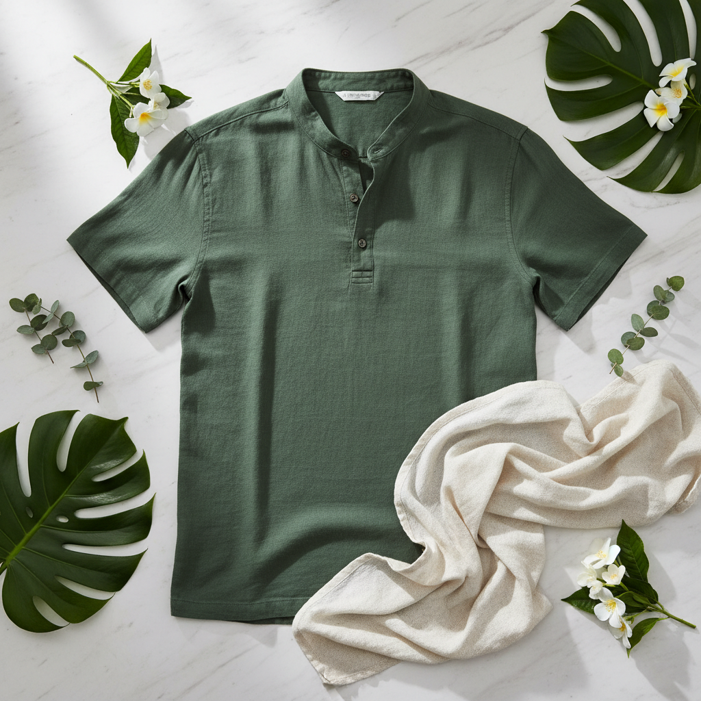 Men's Cotton Linen Henley Shirt casual beach short sleeve top lifestyle flat lay on marble