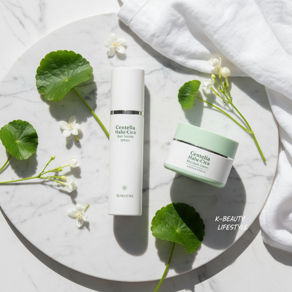 Korean Centella Hyalu-Cica Sun Serum SPF50 and Moisture Cream Set lifestyle flat lay on marble with centella leaves and white flowers