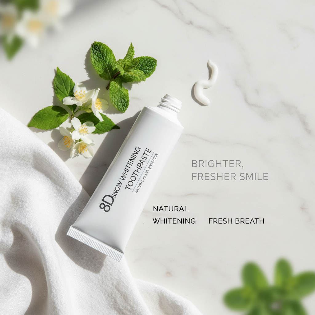 8D Snow Whitening Toothpaste lifestyle flat lay on marble with mint leaves and white flowers