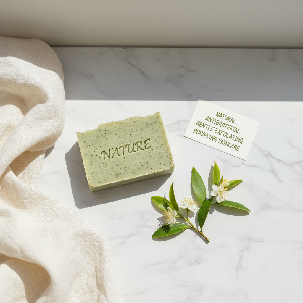 Tea Tree Soap Bar lifestyle flat lay on marble with fresh tea tree leaves and white flowers