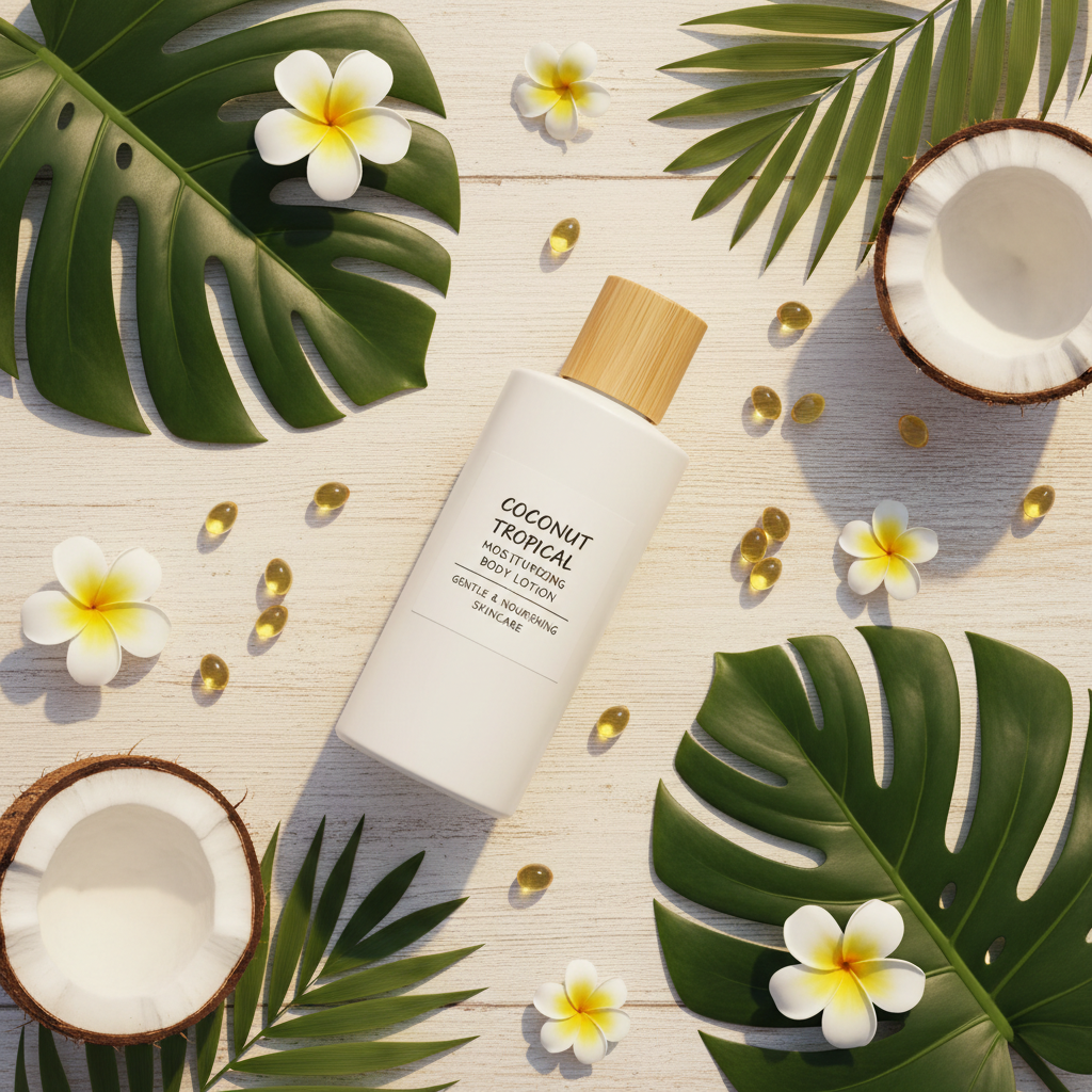 Coconut Vitamin E Body Lotion lifestyle flat lay with coconut halves, tropical leaves and frangipani flowers