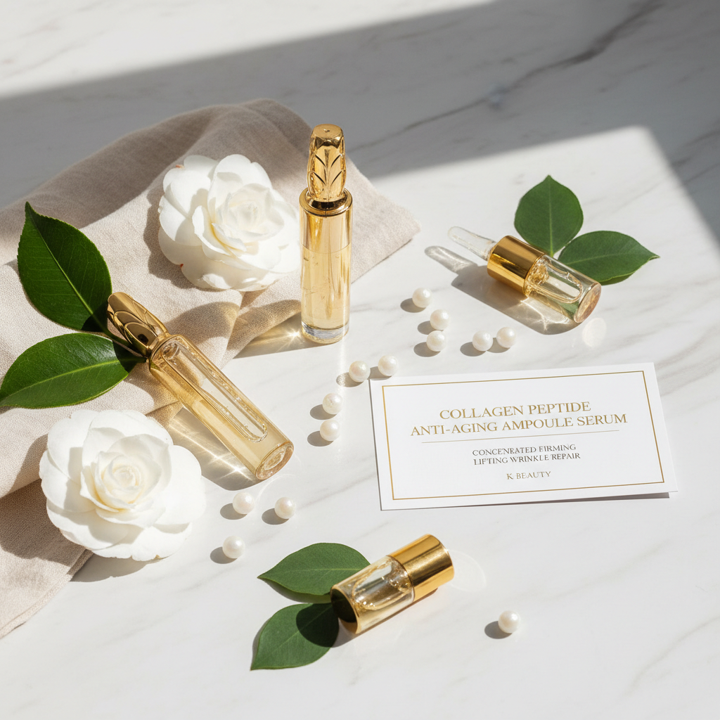 Collagen Peptide Anti-Aging Ampoule Serum lifestyle flat lay on marble with collagen pearls and white flowers