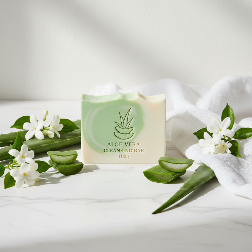 Aloe Vera Cleansing Soap Bar 100g lifestyle flat lay on marble with fresh aloe vera leaves and white flowers