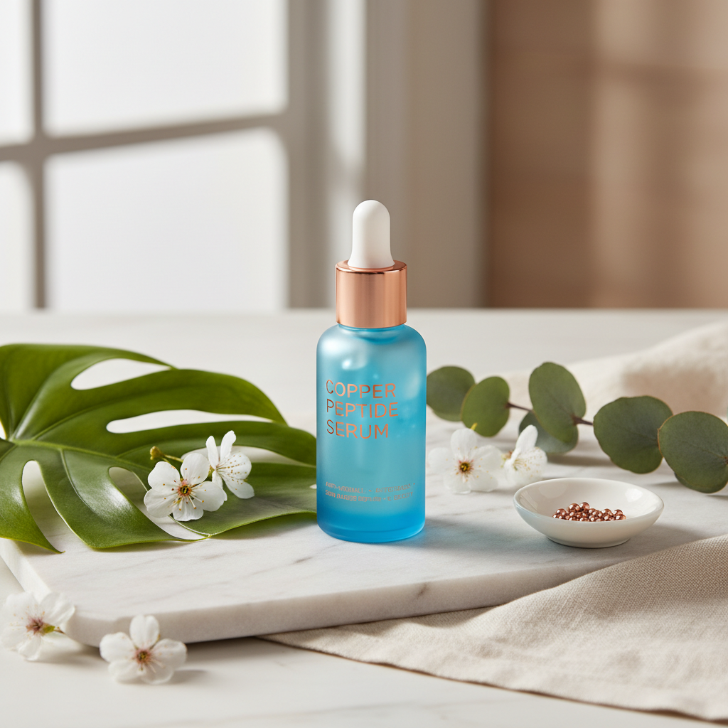Copper Peptide Serum 30ml lifestyle flat lay on marble with botanical leaves and white flowers