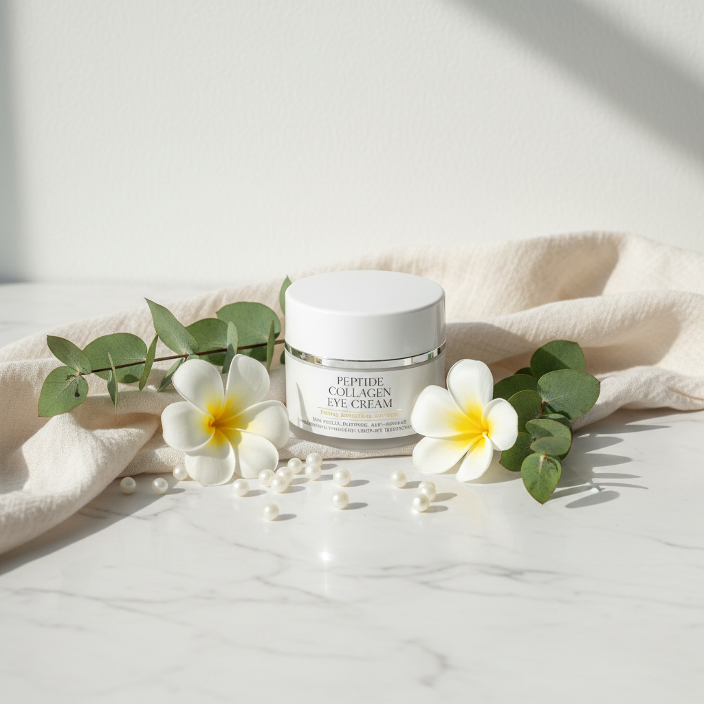 Peptide Collagen Eye Cream lifestyle flat lay on marble with collagen pearls and white flowers