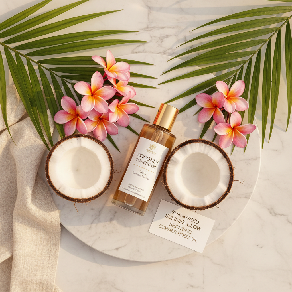 Coconut Tanning Oil 100ml lifestyle flat lay on marble with coconut halves and tropical flowers