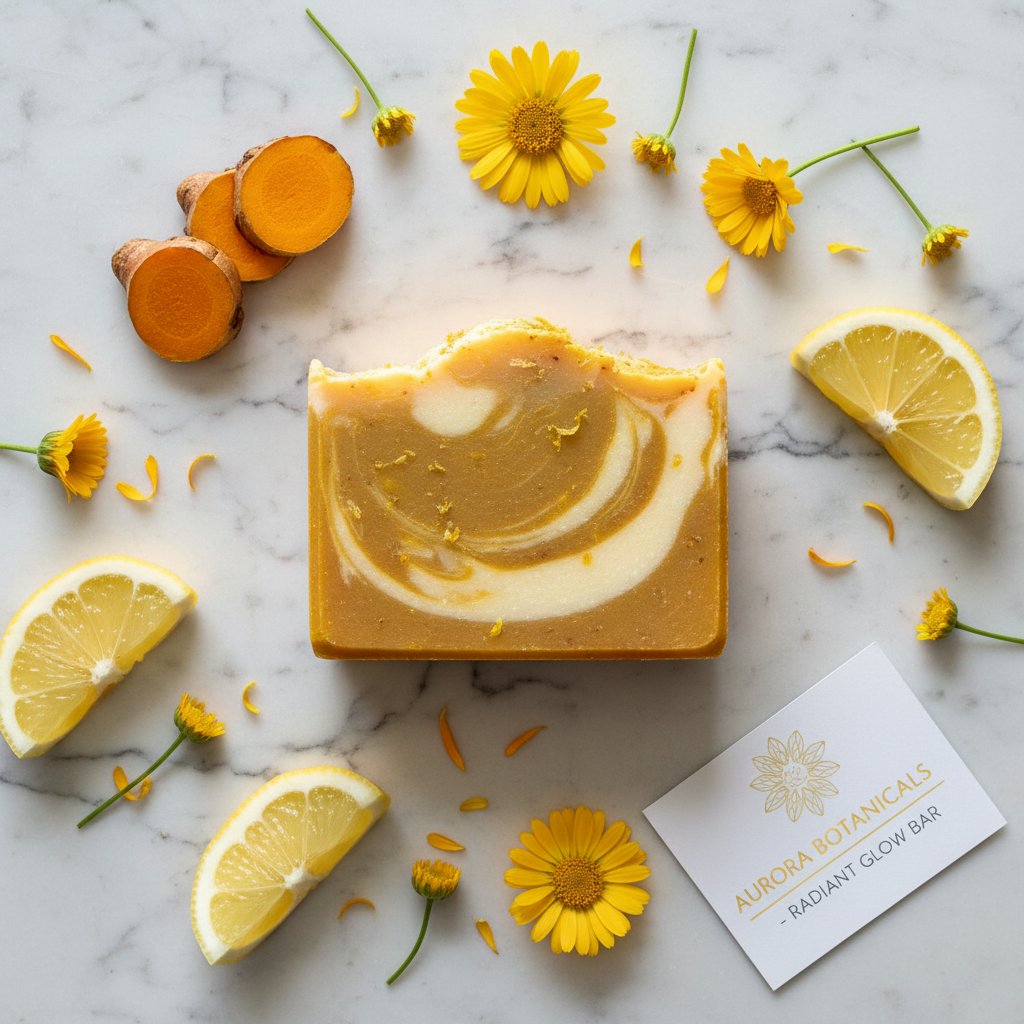 Turmeric and Lemon Kojic Acid Brightening Soap lifestyle flat lay on marble with turmeric root, lemon wedges and yellow flowers