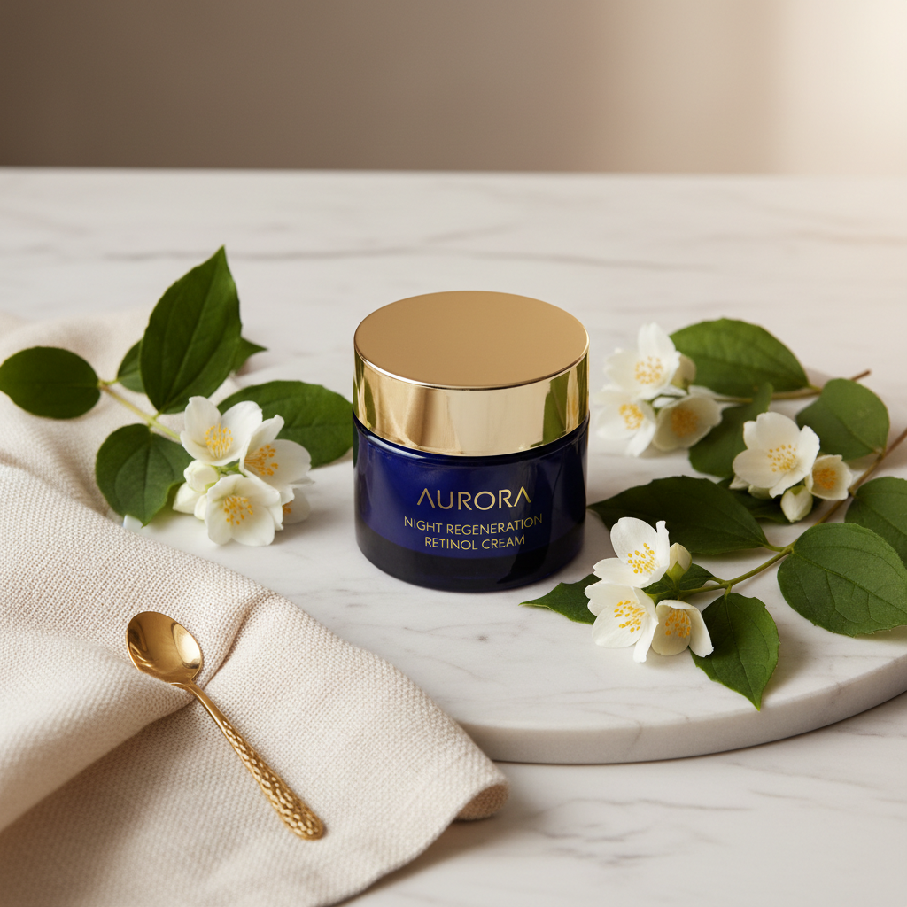 Anti-Aging Retinol Night Cream lifestyle flat lay on marble with white jasmine flowers and green leaves