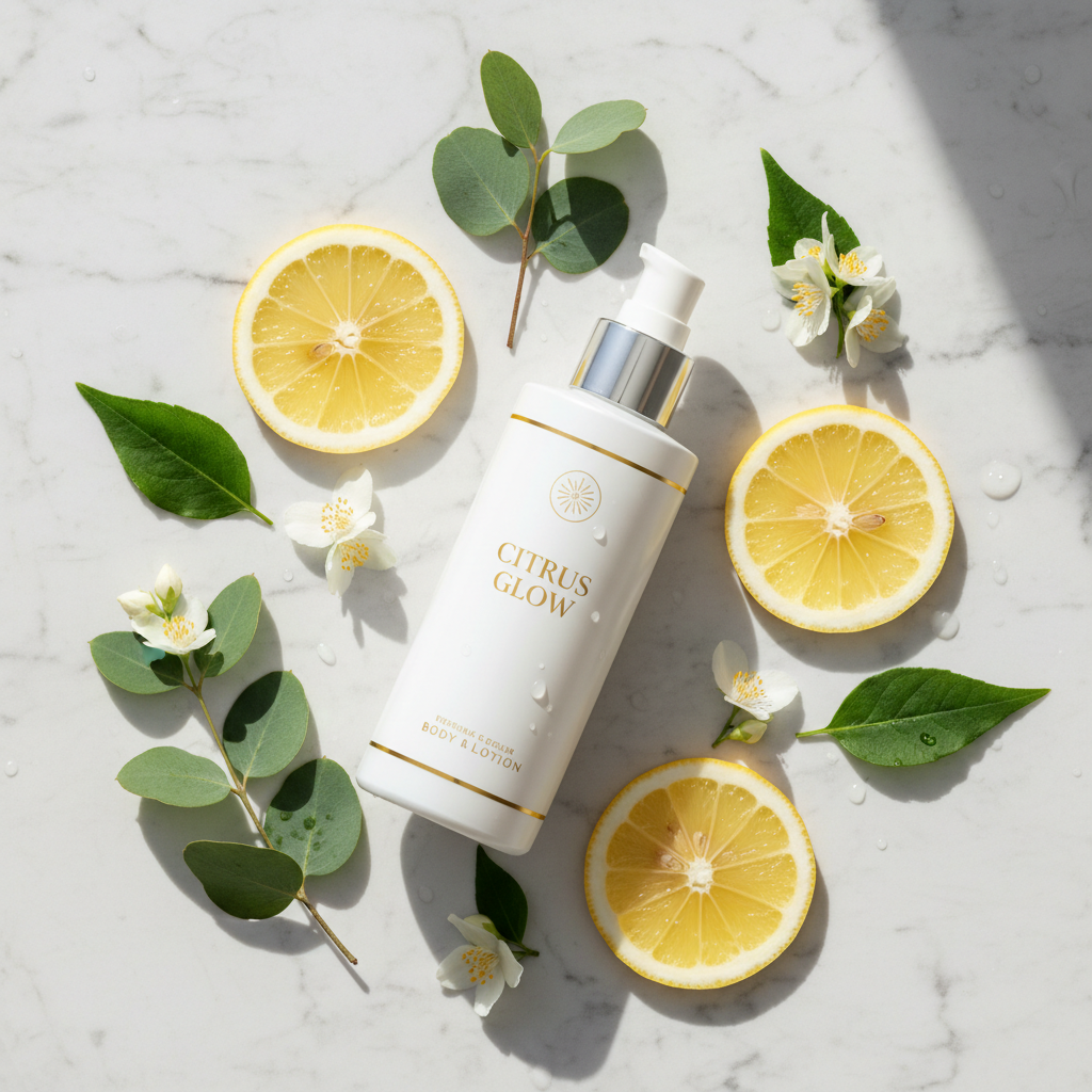 Lemon Body Lotion lifestyle flat lay on marble with lemon slices and green leaves