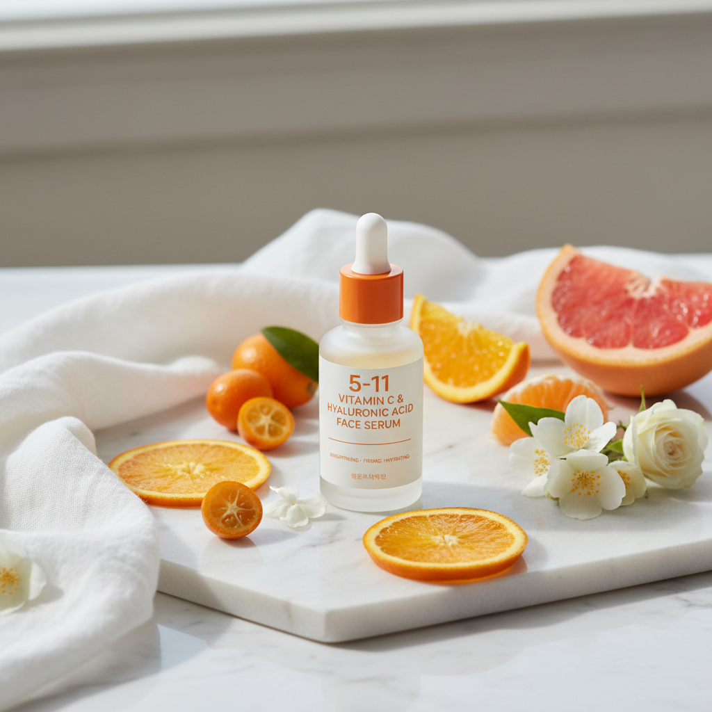 5-in-1 Vitamin C and Hyaluronic Acid Face Serum lifestyle flat lay on marble with orange slices and white flowers