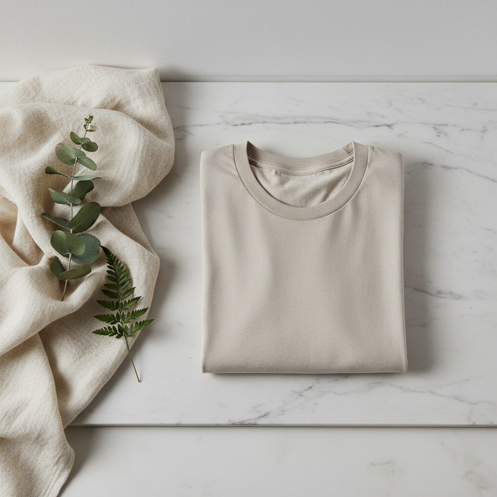 Heavyweight Pure Cotton Unisex T-Shirt lifestyle flat lay on marble with soft linen and green leaves