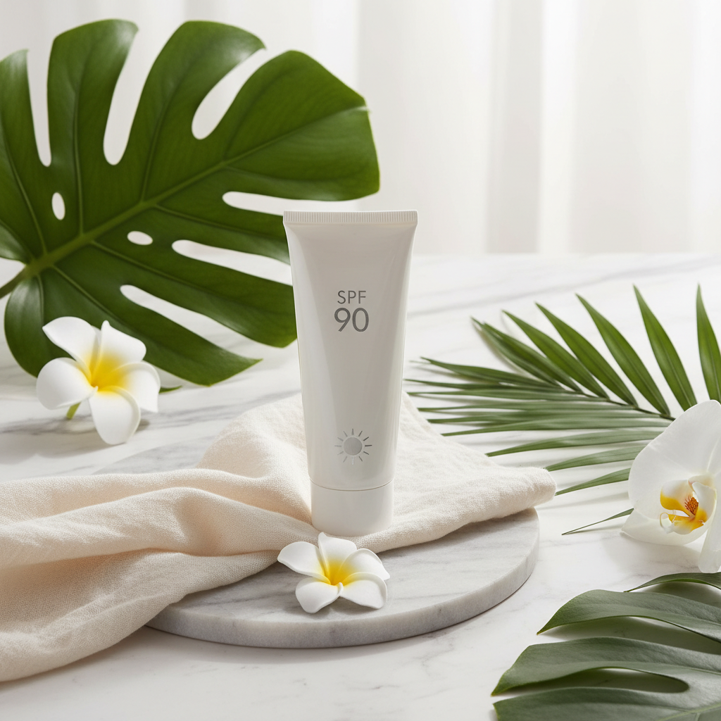 SPF 90+ Waterproof Facial Sunscreen lifestyle flat lay on marble with tropical leaves and white flowers