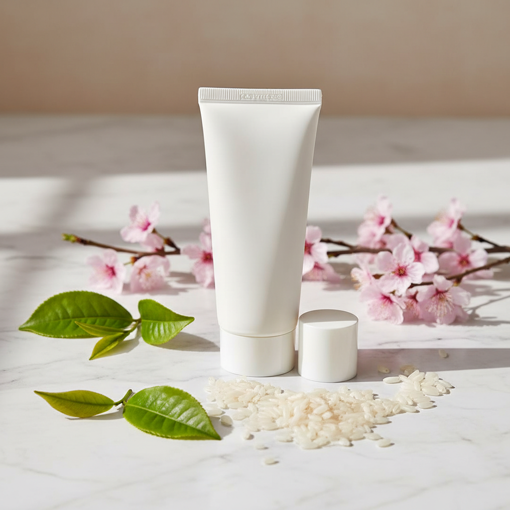 Korean Rice Extract Cream SPF50+ lifestyle flat lay on marble with rice grains and cherry blossoms